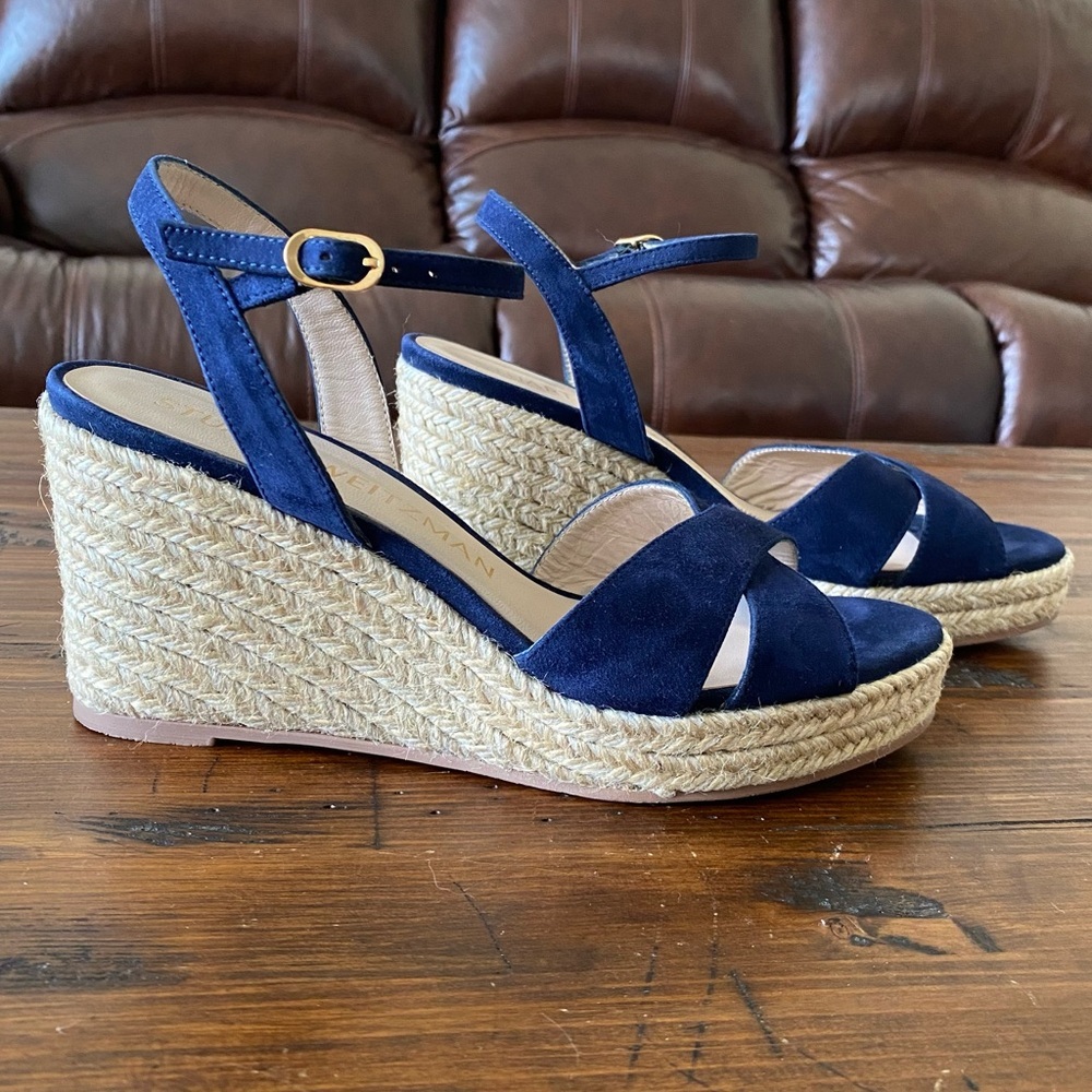 Stuart Weitzman Mirela II Espadrille Wedge Sandal Navy Suede/Natural 7.5 Casual